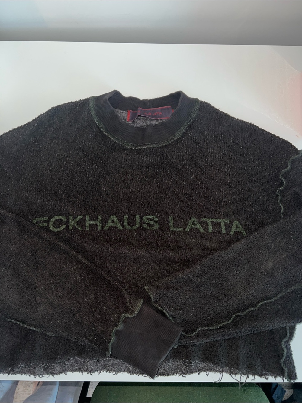 Eckhaus Latta Dark Brown cropped Crewneck with Green Logo
